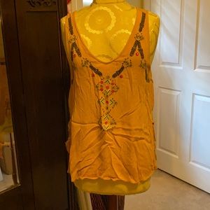 Mustard embroidered gauze tank